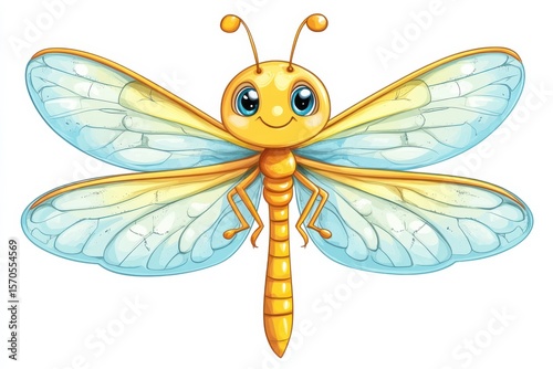 A cheerful cartoon dragonfly beaming joy with its translucent delicate wings png in white background. Generative Ai
