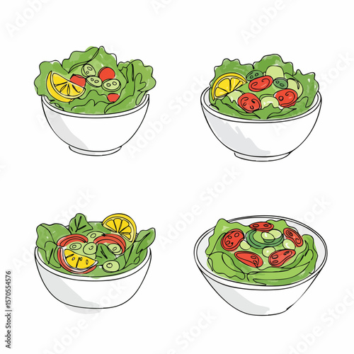 Four bowls of fresh green salad, color vector illustration. EPS 10 version.
