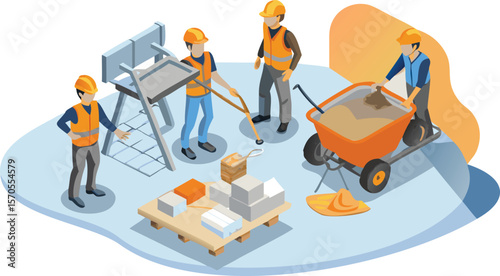 Isometric view of construction workers with wheelbarrow and building materials on a light blue surface