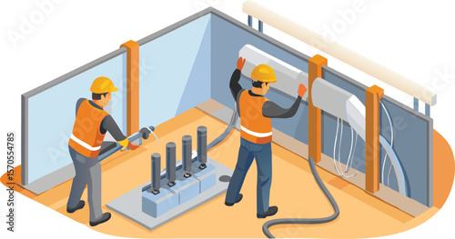 Two workers in safety gear installing equipment in a room with electrical components and ductwork visible