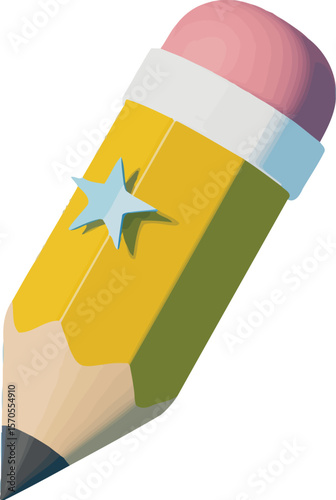 A stylized yellow pencil with a pink eraser and a silver star on a light blue background
