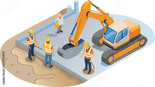 Construction site scene featuring workers excavator and concrete foundation under development exactly one hundred