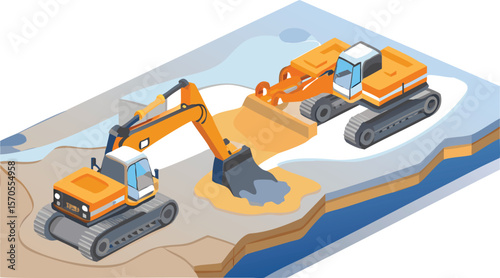 Isometric view of two excavators working on a construction site with visible ground layers shown