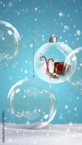Animation of clear christmas baubles hanging and snow falling on blue background