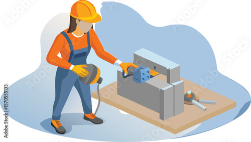 Illustration of a worker in overalls using a power tool on a metal block in a metal vise tool