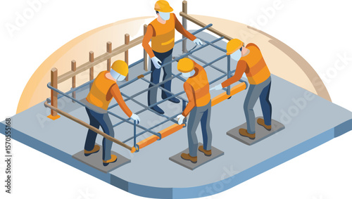 Isometric view of construction workers assembling rebar framework on a concrete foundation base plate area