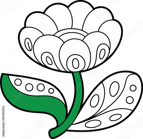 Illustration of a flower with white petals green stem and leaves on a white background art design