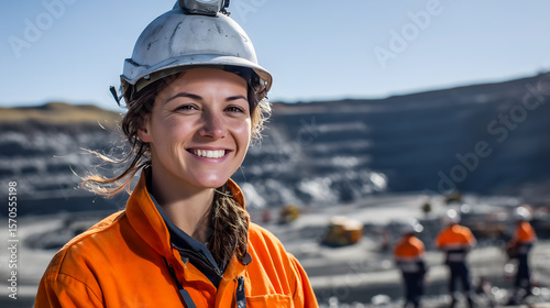Female mining worker wearing an orange high-visibility jacket and a white hard hat, smiling at the camera with a large, dark grey open-pit mine in the background.