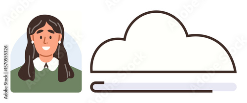Woman portrait next to cloud graphic with loading bar indicating upload progress. Ideal for technology, digital storage, cloud computing, user accounts, networking, security, data, simple flat