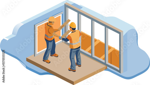 Two construction workers installing wooden frames in a building under construction isometric illustration