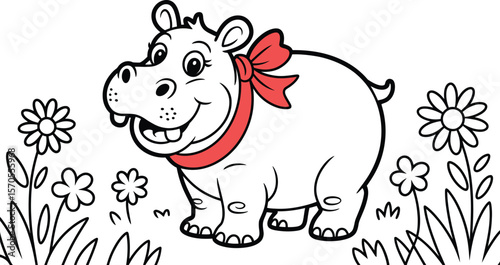 Cartoon pig with a red bow tie standing next to a sunflower in a field of sunflowers under a blue sky