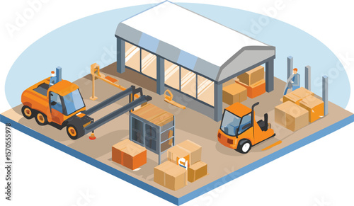 Isometric view of a warehouse scene with forklifts boxes and a building for storage and distribution