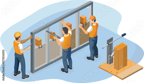 Construction workers installing panels in a frame with tools and safety gear on a light blue surface