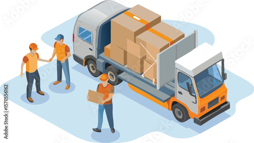 Isometric illustration of delivery workers loading boxes onto a truck for transportation service needs
