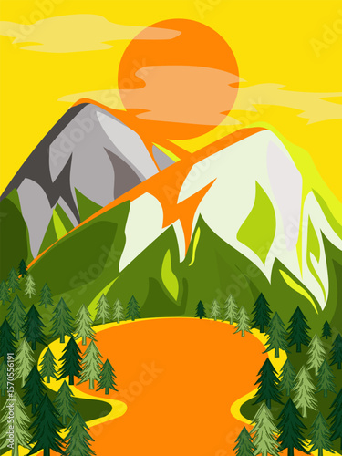 Mountain landscape with coniferous forest in the evening sunset. Vector.