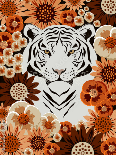 Wild and beautiful white tiger on a blooming background in brown shades. Vector