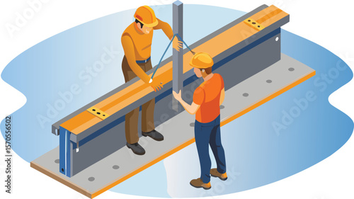 Two construction workers in orange shirts and hard hats working with a metal beam on a platform