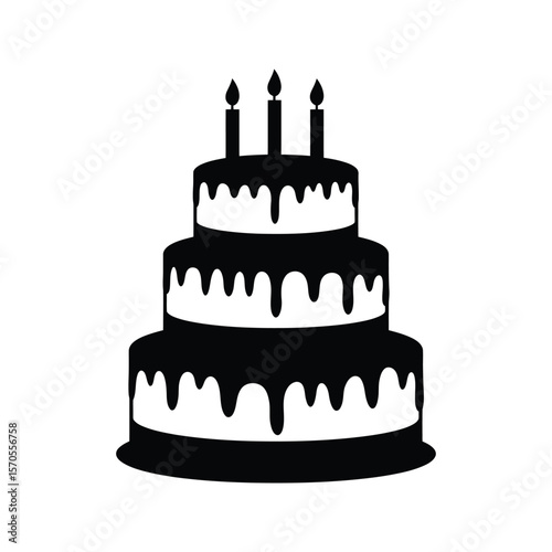 ThreeLayered Birthday Cake with Candles  Black and White Icon Vector Graphic