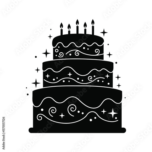 ThreeTiered Birthday Cake with Candles and Stars  Black and White Illustration