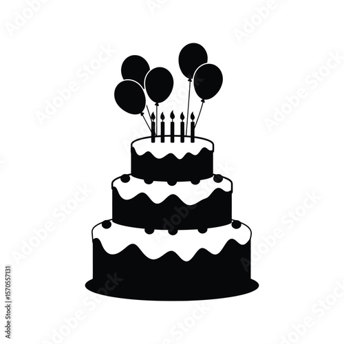 Threetiered birthday cake with candles and balloons black and white icon party celebration dessert