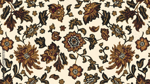 Exquisitely detailed Indonesian batik pattern showcases a timeless marriage of cultural heritage and sophisticated design. Intricate floral vines unfurl symmetrically across a warm cream backdrop