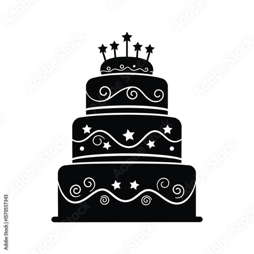 ThreeTiered Birthday Cake with Stars and Swirls Black and White Clipart