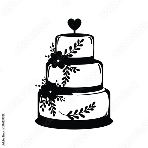 ThreeTier Wedding Cake with Heart Topper Floral Decoration Black Silhouette