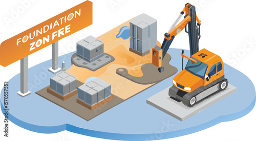 Isometric view of construction site with crane, concrete blocks, and orange sign indicating foundation zone free
