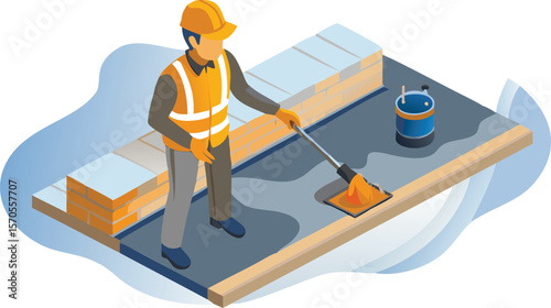 Isometric view of a construction worker sealing a flat roof with a mop and bucket of sealant present