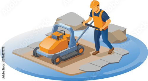 Isometric view of a man in work clothes operating a plate compactor on a construction site with rocks