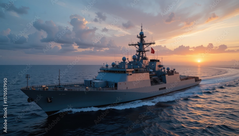 Obraz premium Majestic Warship at Sunset: A Naval Vessel Sailing on the Ocean