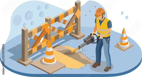 Construction worker using jackhammer near traffic cones and safety barrier at road construction site scene