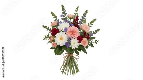 illustration features a beautifully arranged bouquet of colorful flowers, carefully wrapped in white paper and tied with a delicate ribbon. The bouquet contains a harmonious blend of various blossoms 