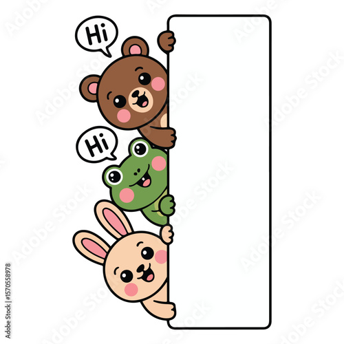 Cartoon animals peeking around a white rectangular shape