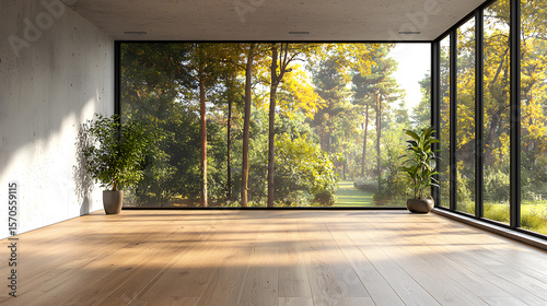Empty room with white wall, wooden floor and big window. Studio, office blank space. Empty template for interior product