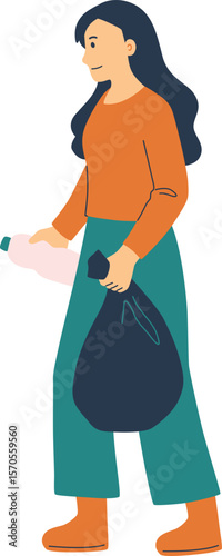 Woman Collecting Trash into Plastic Bag


