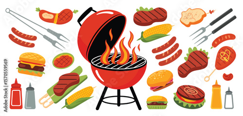  Colorful Grill Illustration with Various Food Items