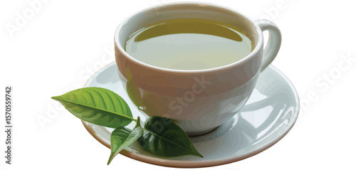 Cup of Green Tea with Fresh Leaves