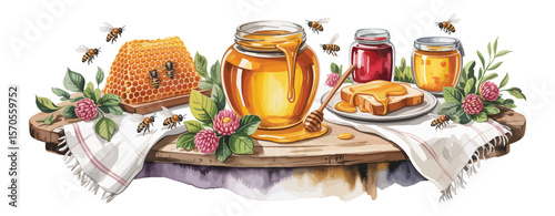 Flat vector honey set with bees, honeycomb, jars, dripping nectar, flowers and natural sweet products

