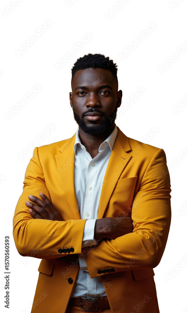 custom made wallpaper toronto digitalA Black male entrepreneur in striking gold, arms crossed with a focused gaze, surrounded by bright financial symbols, representing his
