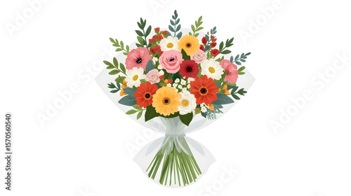 illustration features a beautifully arranged bouquet of colorful flowers, carefully wrapped in white paper and tied with a delicate ribbon. The bouquet contains a harmonious blend of various blossoms 
