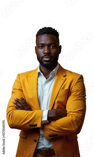 Wallpaper Mural A Black male entrepreneur in striking gold, arms crossed with a focused gaze, surrounded by bright financial symbols, representing his Torontodigital.ca