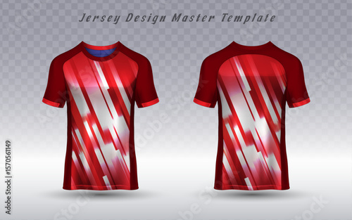Front and back views of a jersey T-shirt mockup featuring a dynamic red and white abstract stripe pattern, ideal for athletic wear or team uniforms.