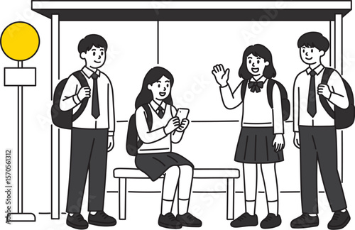 Students Waiting at Bus Stop School Commute Public Transportation Illustration