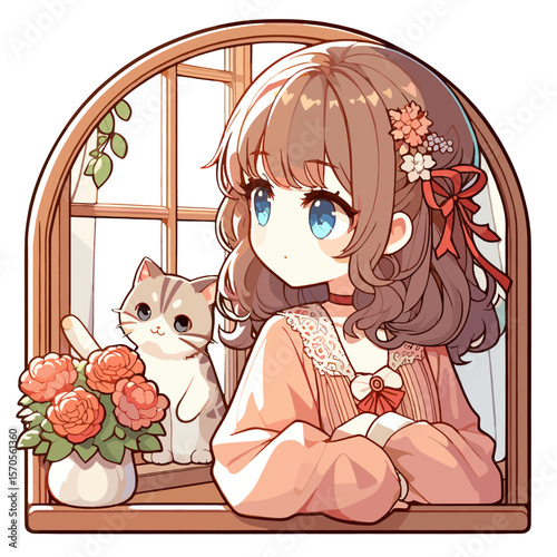 Young girl with brown hair looking out window beside cat  