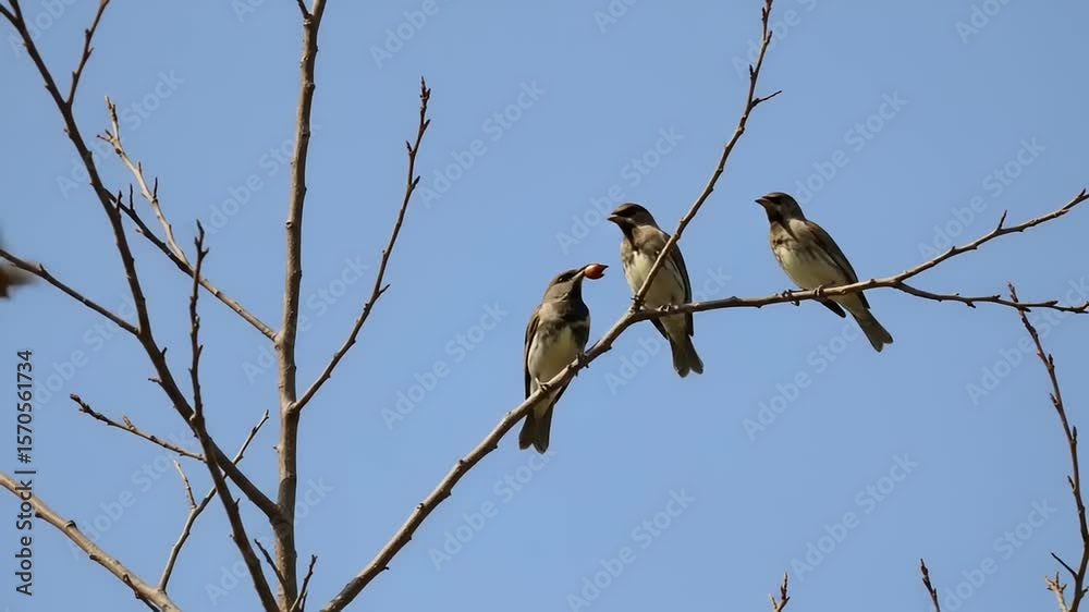 Two birds perched on a tree branch against a clear sky. Two birds perched on a tree branch against a clear sky.