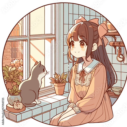 Young girl sitting by the window looking at gray cat in sunlight  