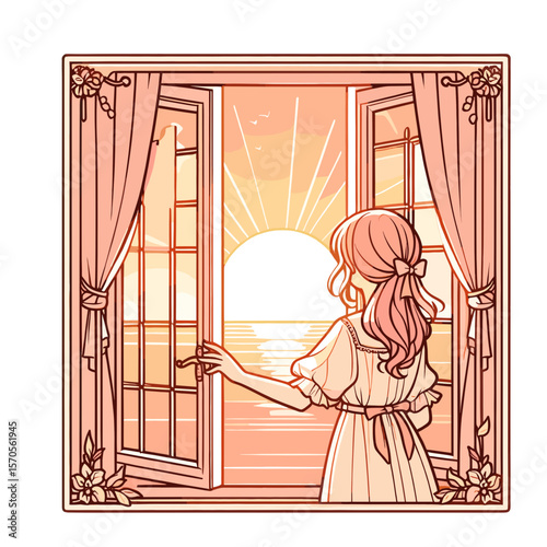 Young woman standing by open window watching sunset over ocean  