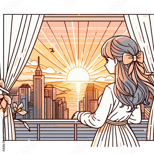 Young woman gazing at sunset over city skyline from balcony  