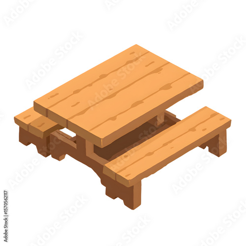 Wooden picnic table with benches in modern design style  